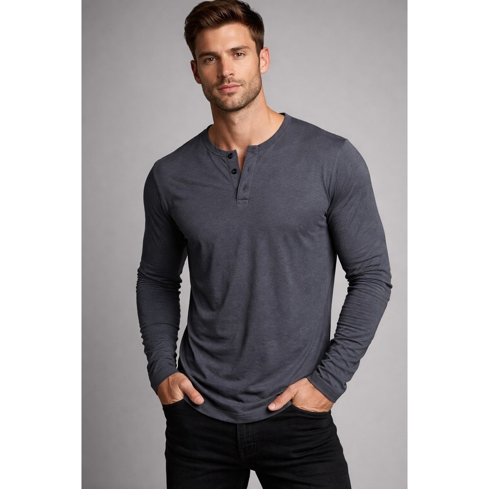 Cuts Henley Shirt Men M Gray Long Sleeve Button-Up Curve-Hem Cotton Blend